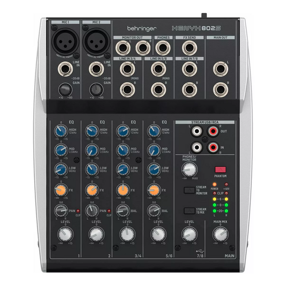 Mezclador analógo premium de 8 entradas con interfaz de transmisión USB Mezclador analógico de ruido ultra bajo para transmisión, podcasting y grabación  BEHRINGER  802S - Hergui Musical