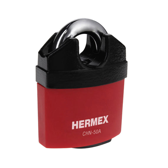 Candado de hierro 50 mm gancho protegido, llave anti-ganzúa  HERMEX   CHN-50A