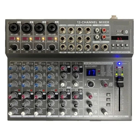 Mezcladora pasiva 12 canales (4 Directos, 8 compartidos), Bluetooth, 24 efectos DSP, grabación UDisk  SOUNDTRACK   MX-1202U